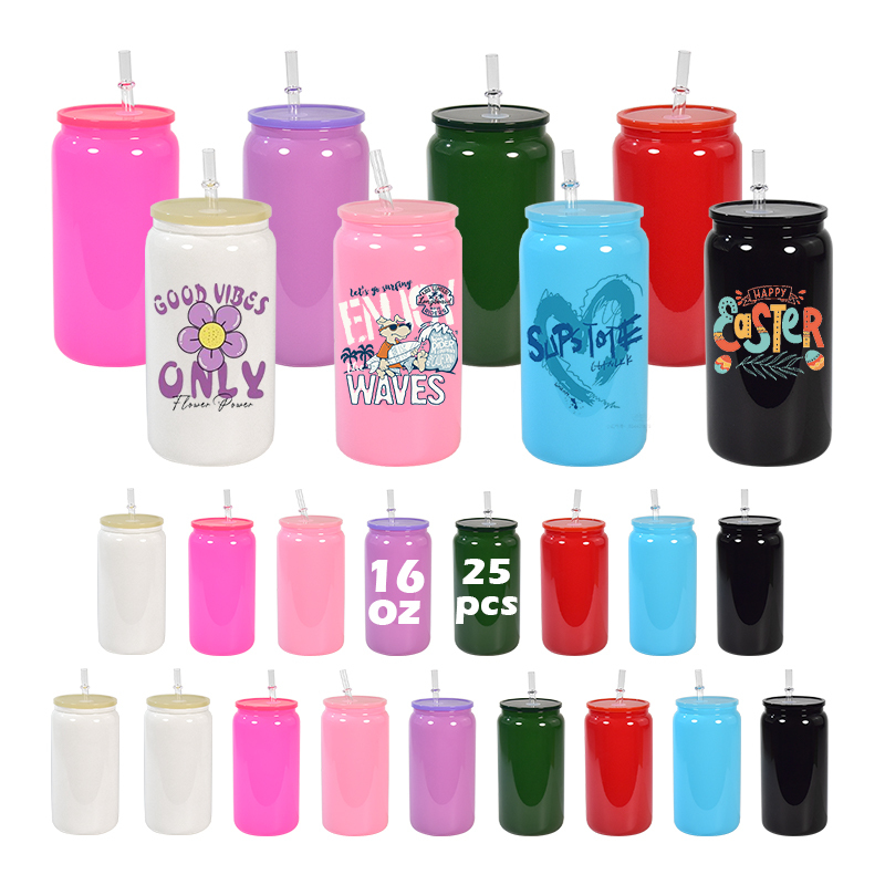 RTS  25pcs/ctn 8 Colors Mixed 16oz Solid Color Sublimation Glass Can Tumbler with PP Lid and Plastic Straw