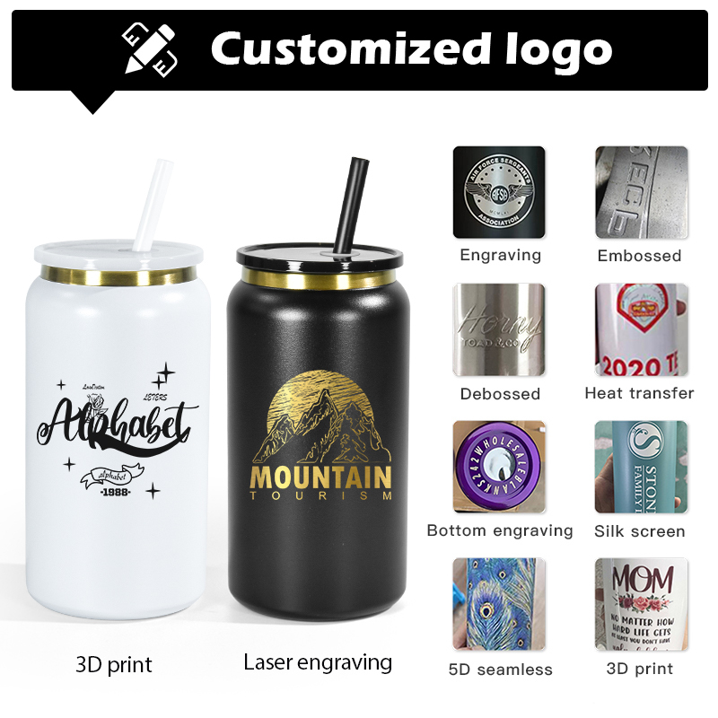 Custom 16oz Can Double Wall Stainless Steel Mason Can Mug Gold Plated Leak Proof Tumbler with Lid