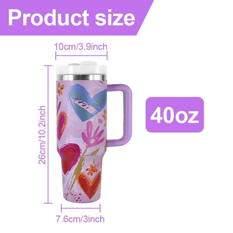 Fast Customization 40oz Powder Coated Double Wall Stainless Steel Mother's Tumbler Travel Mug with Heart Pattern Purple