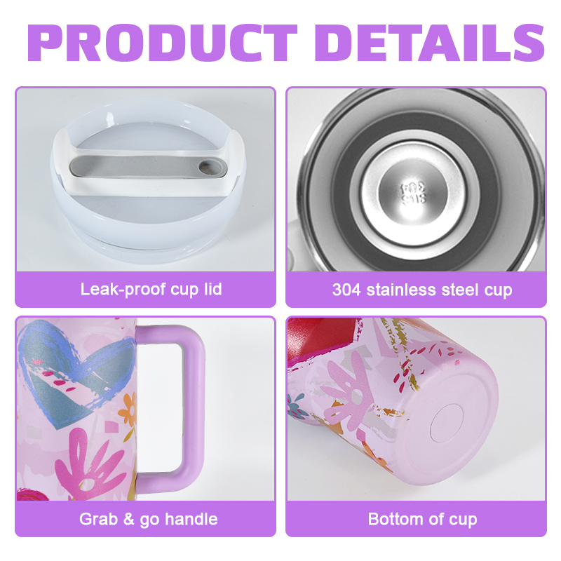 Fast Customization 40oz Powder Coated Double Wall Stainless Steel Mother's Tumbler Travel Mug with Heart Pattern Purple