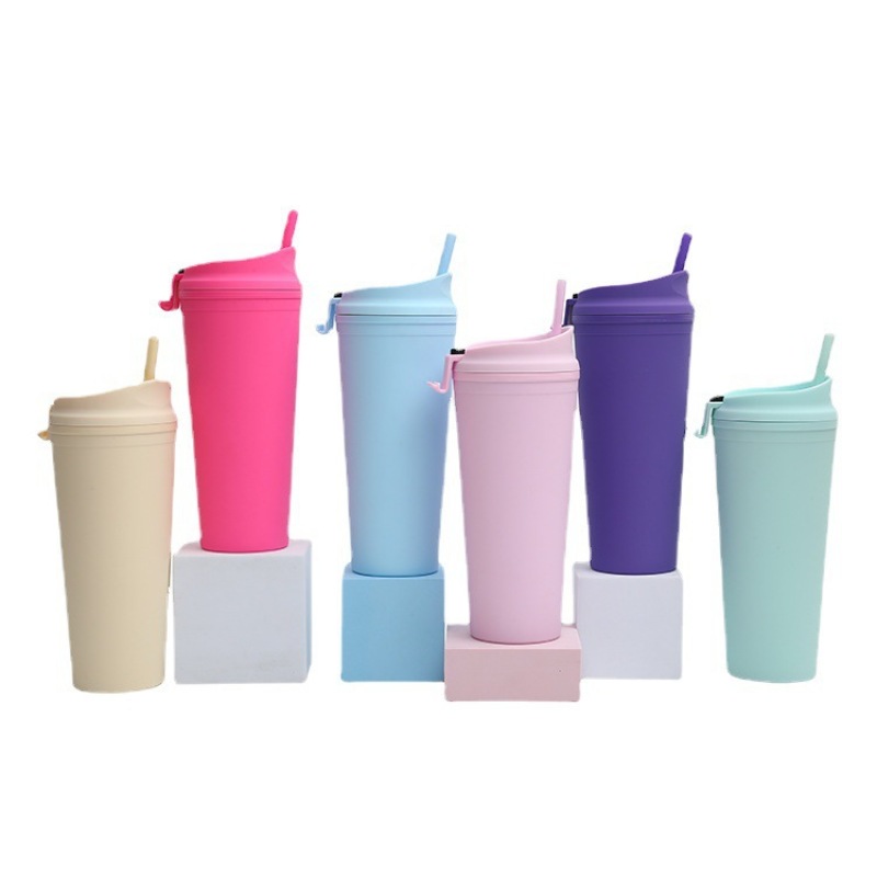 Custom 24oz 710ml Double-layer Plastic Straw Cup Portable Flip Cover Large Capacity Outdoor Frosted Casual Cup with Lid Straw