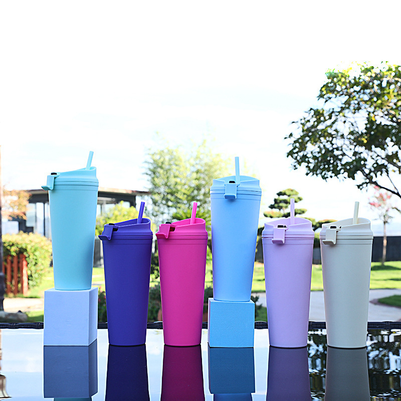 Custom 24oz 710ml Double-layer Plastic Straw Cup Portable Flip Cover Large Capacity Outdoor Frosted Casual Cup with Lid Straw
