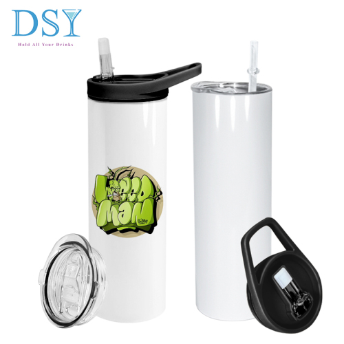 USA Warehouse Stocked 20oz Sublimation White Tumbler with Black Handle Two Screw Lids and pp Plastic Straw Free Fast Shipping
