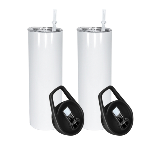 USA Warehouse Stocked 20oz Sublimation White Tumbler with Black Handle Two Screw Lids and pp Plastic Straw Free Fast Shipping