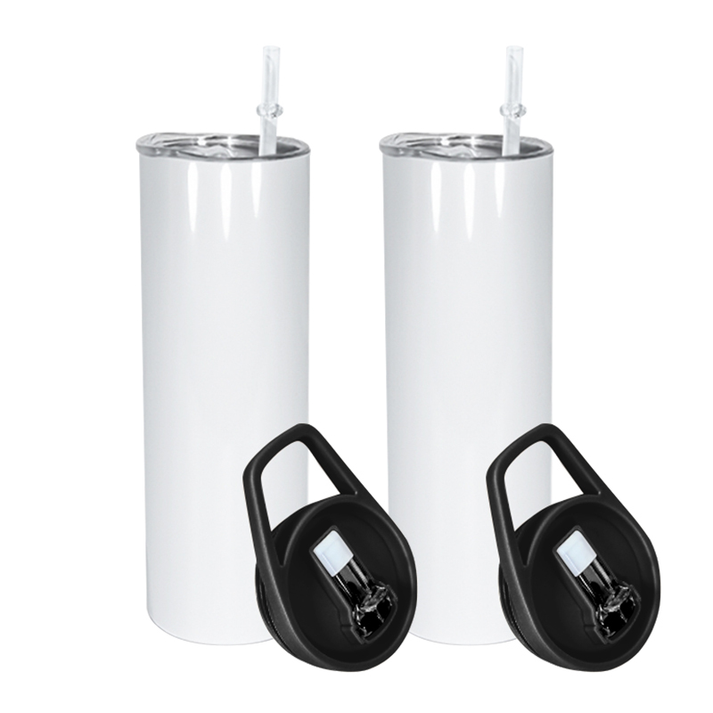 USA Warehouse Stocked 20oz Sublimation White Tumbler with Black Handle Two Screw Lids and pp Plastic Straw Free Fast Shipping