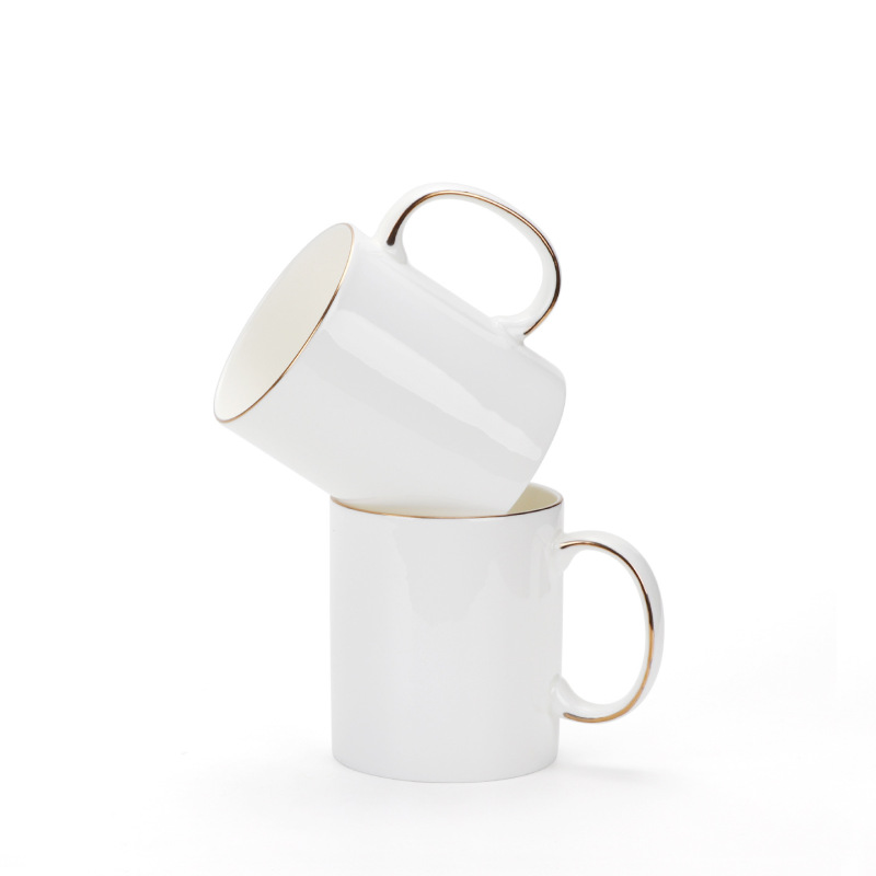 Customized Logo 11oz Ceramic Mug Sublimation Blanks Thin Smooth White Coffee Bone China Cup with Gold Edge Handle for Wholesale