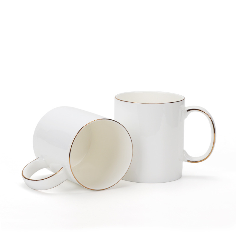 Customized Logo 11oz Ceramic Mug Sublimation Blanks Thin Smooth White Coffee Bone China Cup with Gold Edge Handle for Wholesale