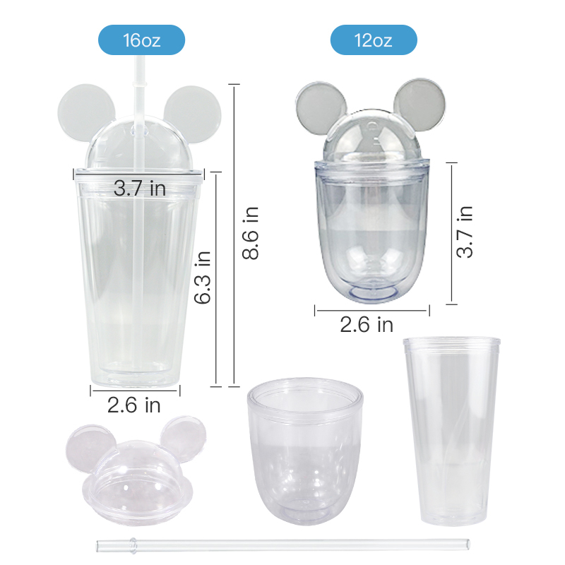 BPA Free 16oz Double Wall Plastic 480ml Cartoon Mouse Ear Acrylic Tumbler Cup With Straw and Dome Lid