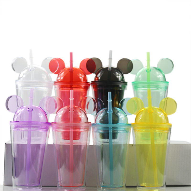 BPA Free 16oz Double Wall Plastic 480ml Cartoon Mouse Ear Acrylic Tumbler Cup With Straw and Dome Lid