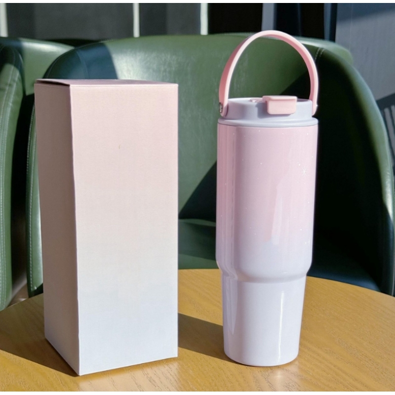30OZ Custom Logo New Gradient Colorful Summer Stainless Steel Water Bottle Coffee Mugs Drinking Cup with Straw Portable Handle