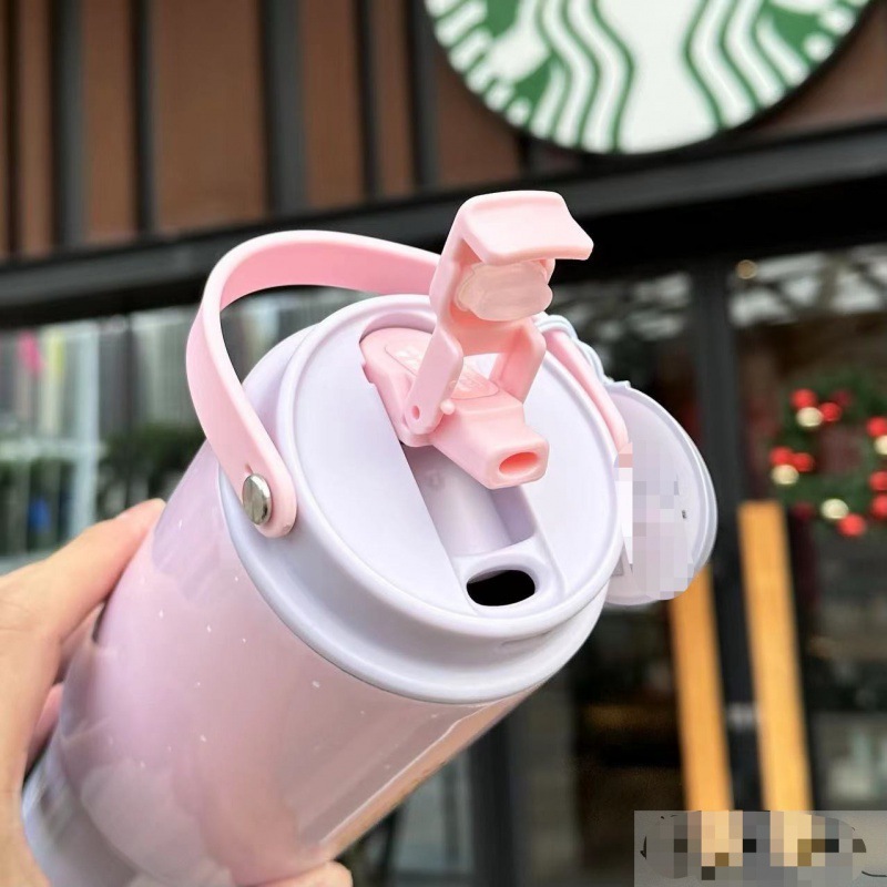 30OZ Custom Logo New Gradient Colorful Summer Stainless Steel Water Bottle Coffee Mugs Drinking Cup with Straw Portable Handle