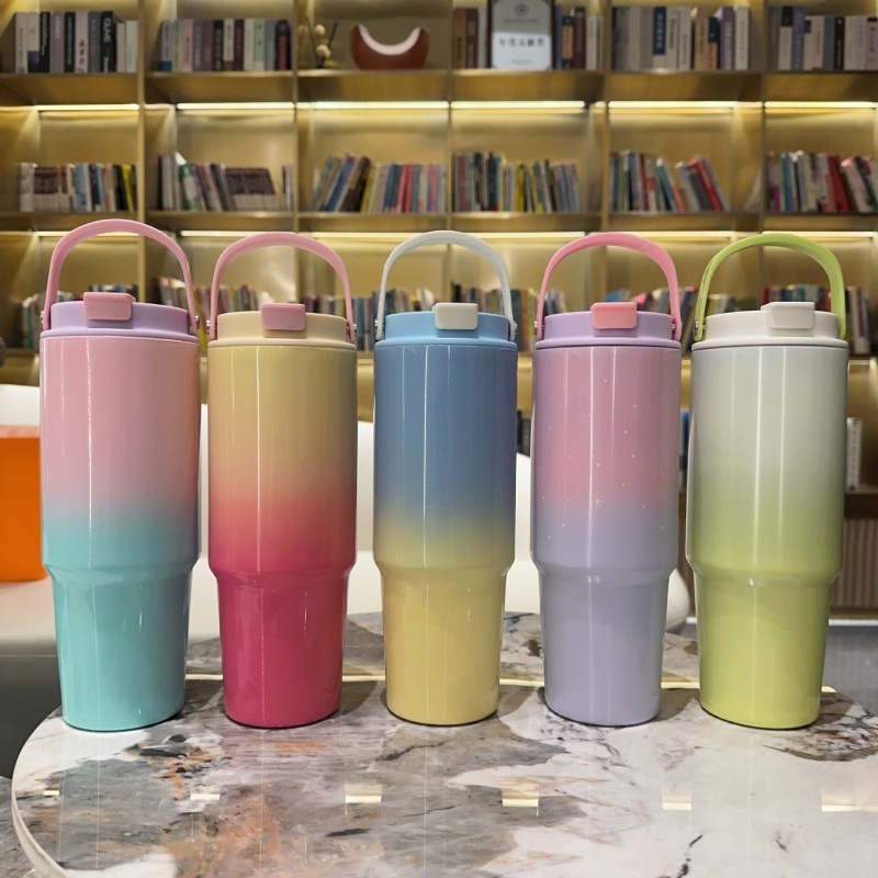 30OZ Custom Logo New Gradient Colorful Summer Stainless Steel Water Bottle Coffee Mugs Drinking Cup with Straw Portable Handle