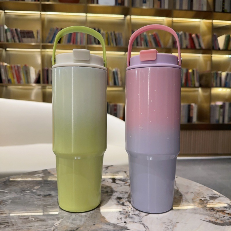 30OZ Custom Logo New Gradient Colorful Summer Stainless Steel Water Bottle Coffee Mugs Drinking Cup with Straw Portable Handle