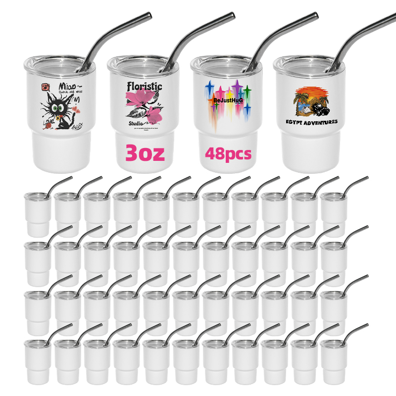 RTS USA Warehouse 48pcs/ctn 3oz Sublimation All White Double Wall Stainless Steel Mini Shot Glasses Tumbler with Metal Straw
