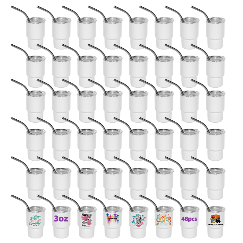RTS USA Warehouse 48pcs/ctn 3oz Sublimation All White Double Wall Stainless Steel Mini Shot Glasses Tumbler with Metal Straw
