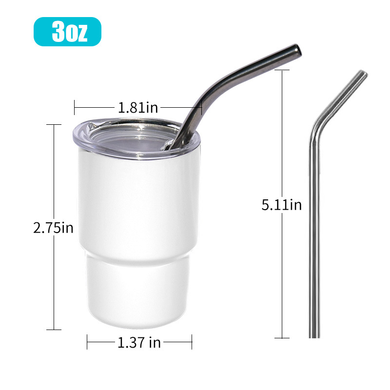 RTS USA Warehouse 48pcs/ctn 3oz Sublimation All White Double Wall Stainless Steel Mini Shot Glasses Tumbler with Metal Straw