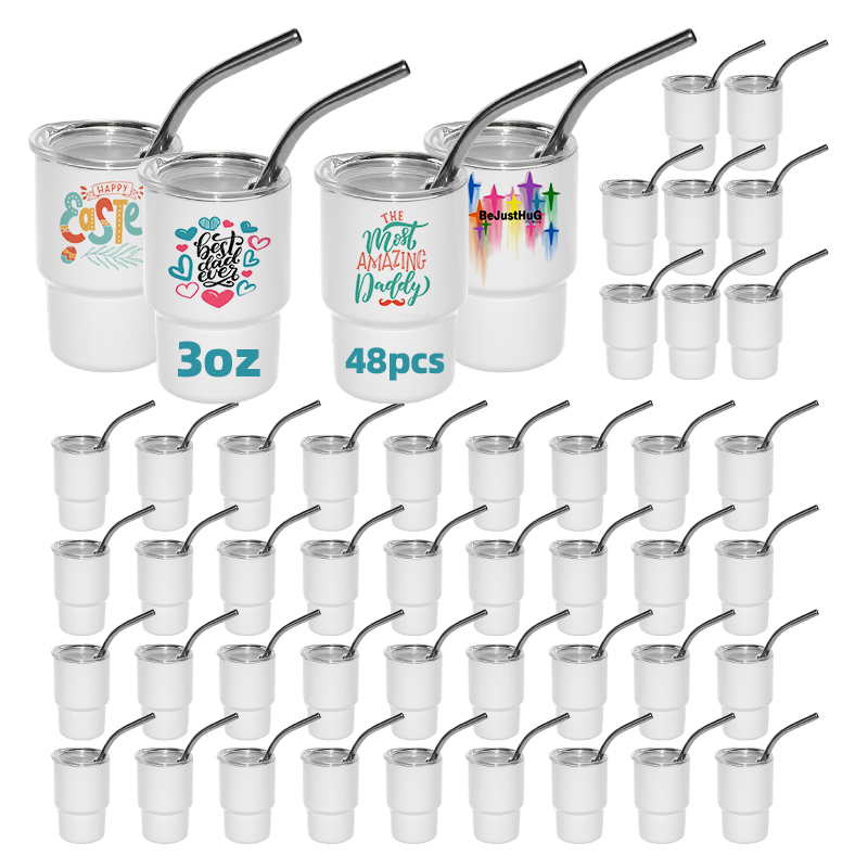 RTS USA Warehouse 48pcs/ctn 3oz Sublimation All White Double Wall Stainless Steel Mini Shot Glasses Tumbler with Metal Straw