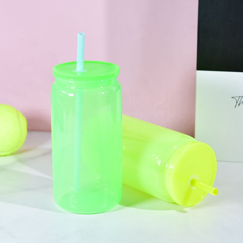 BPA Free Reusable Tumbler Colorful Single Layer Mug Clear 16oz Acrylic Plastic Soda Beer Can Cold Cup With Lid and Straw