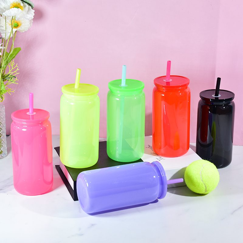 BPA Free Reusable Tumbler Colorful Single Layer Mug Clear 16oz Acrylic Plastic Soda Beer Can Cold Cup With Lid and Straw