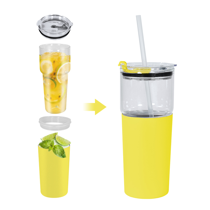 US RTS 2 in 1 25oz Glass Water Bottle Sealed Straw Plug Stainless Steel Vacuum 15oz Powder Coated Travel Coffee Cup Yellow