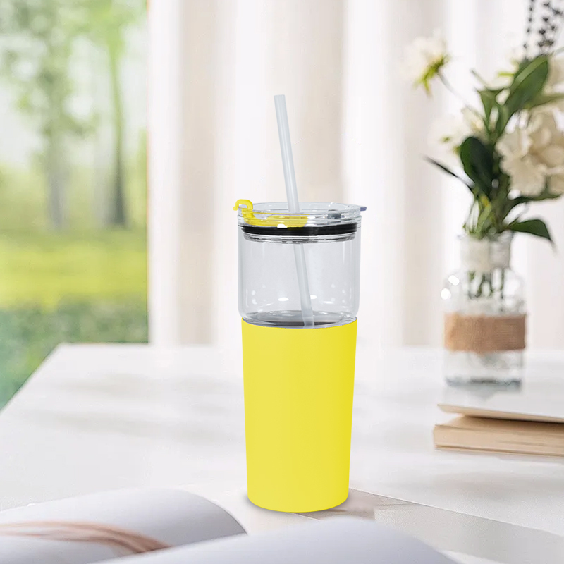 US RTS 2 in 1 25oz Glass Water Bottle Sealed Straw Plug Stainless Steel Vacuum 15oz Powder Coated Travel Coffee Cup Yellow