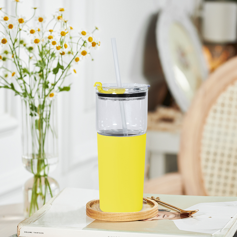 US RTS 2 in 1 25oz Glass Water Bottle Sealed Straw Plug Stainless Steel Vacuum 15oz Powder Coated Travel Coffee Cup Yellow