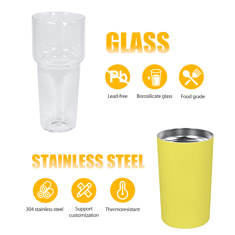 US RTS 2 in 1 25oz Glass Water Bottle Sealed Straw Plug Stainless Steel Vacuum 15oz Powder Coated Travel Coffee Cup Yellow