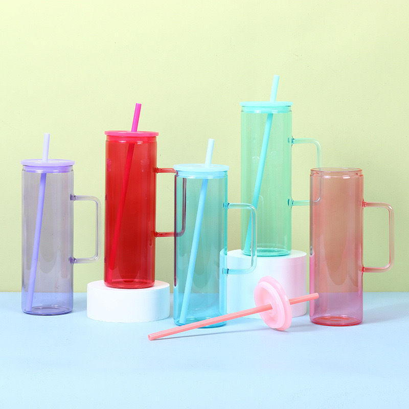 20oz ECO Friendly Products Glass Cup clear Glass Tumbler Beer Mugs Mason Jars with Handle and Colored Lids/straw