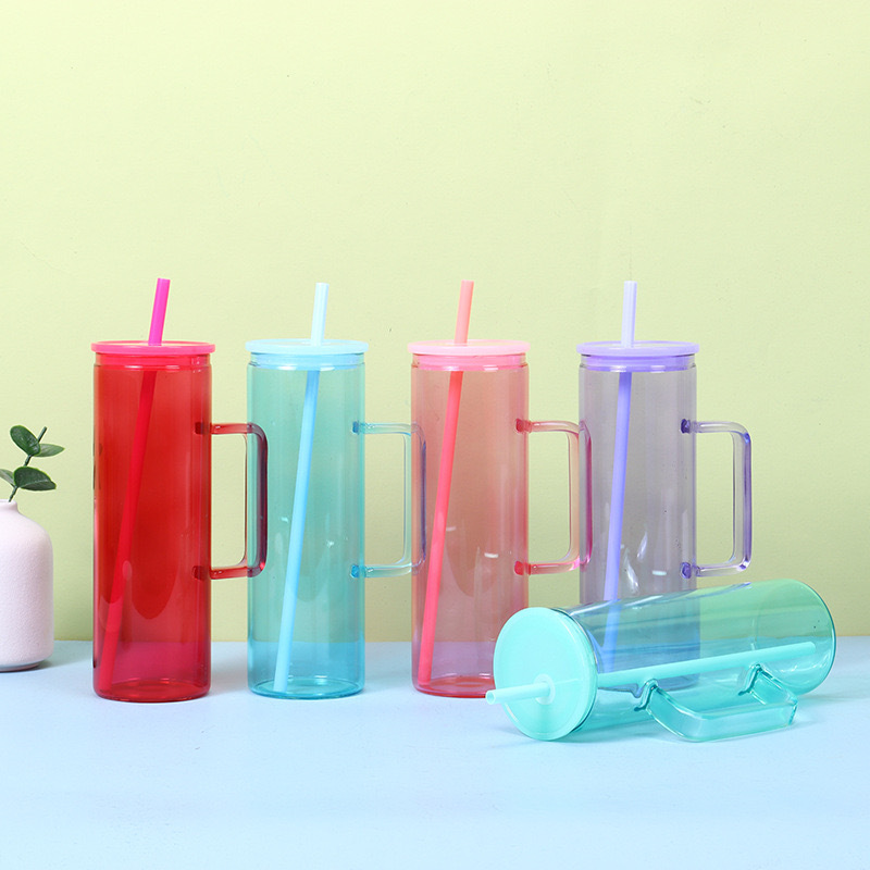20oz ECO Friendly Products Glass Cup clear Glass Tumbler Beer Mugs Mason Jars with Handle and Colored Lids/straw