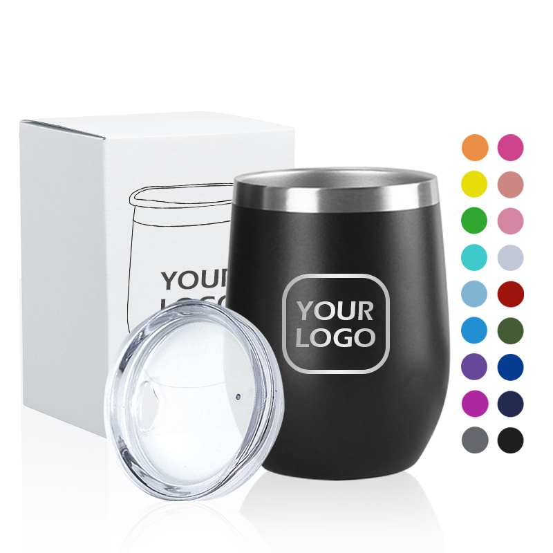 Custom Logo 12oz Powder Coated Wine Tumbler Insulated with Lid Stemless Stainless Steel Wine Glasses Double Wall Vacuum Thermal
