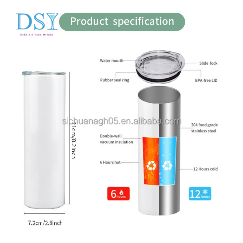 Factory Wholesales Sublimation Blank 20oz Straight Glossy Matte White Silver Glitter Skinny Sublimation Tumbler With Lid