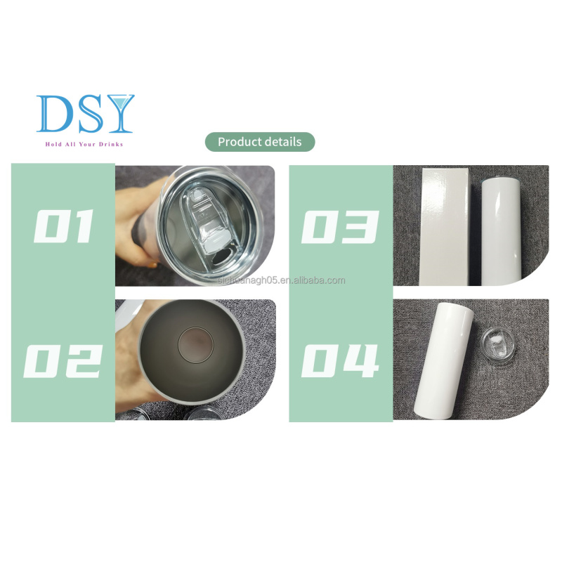 Factory Wholesales Sublimation Blank 20oz Straight Glossy Matte White Silver Glitter Skinny Sublimation Tumbler With Lid