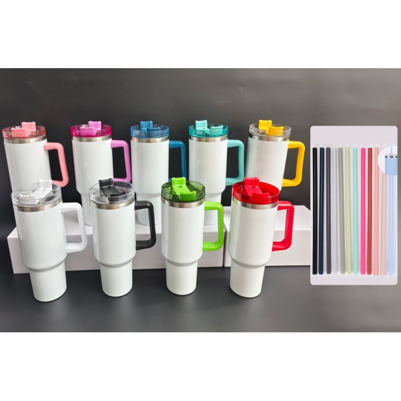 RTS Stocked 20pcs/ctn 40oz H1.0 Sublimation Tumbler Double Wall Stainless Steel Tumbler with Colorful Handle Lid and Straw