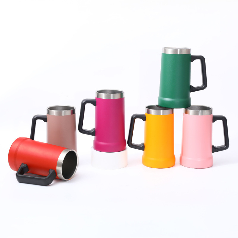 Double Layer Beer Cup 304 Stainless Steel Handle Powder Coated Custom Logo Insulated Bottle 24oz Beer Mugs for Laser Engraving