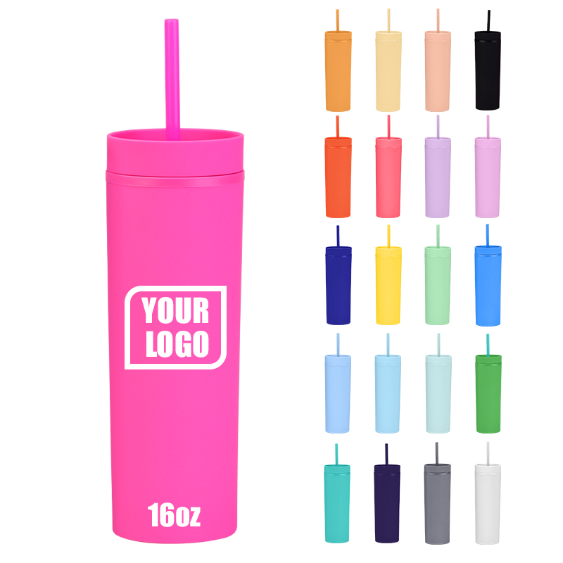 Copos Reutilizveis 16oz Double Wall Skinny Tumbler Reusable Cold Matte Cup Plastic Matte Acrylic Tumbler