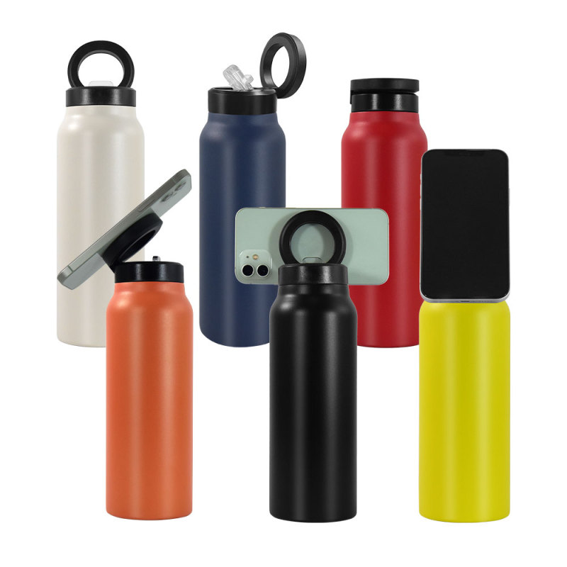 New 25oz Magnetic Water Bottle Phone Holder Vacuum Water Sports Bottle Flask for Gym Top With Magnet Cell Phone Mount Stand