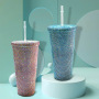 Wholesale 650ml Plastic Bling Rhinestone Tumbler Creative Diamond Double Layered Beauty Cold Drink Cups Gift Water Bottle