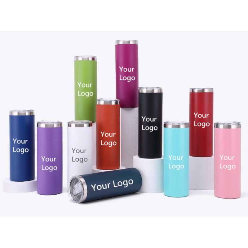 Promotion Gifts Custom Logo Travel Mug Double Wall Stainless Steel 20 oz Skinny Slim Tumbler Cups with Sliding Lid and Straw