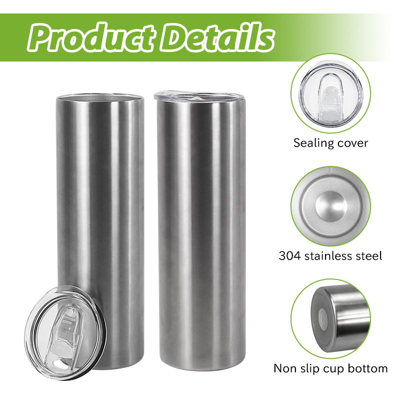 RTS USA Warehouse Stocked 25pcs/ctn 20oz Stainless Steel Silver Sublimation Blank Skinny Straight Tumbler with Plastic Straw