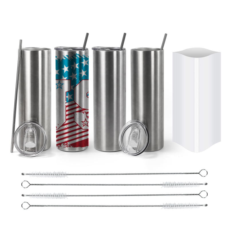 RTS USA Warehouse Stocked 25pcs/ctn 20oz Stainless Steel Silver Sublimation Blank Skinny Straight Tumbler with Plastic Straw