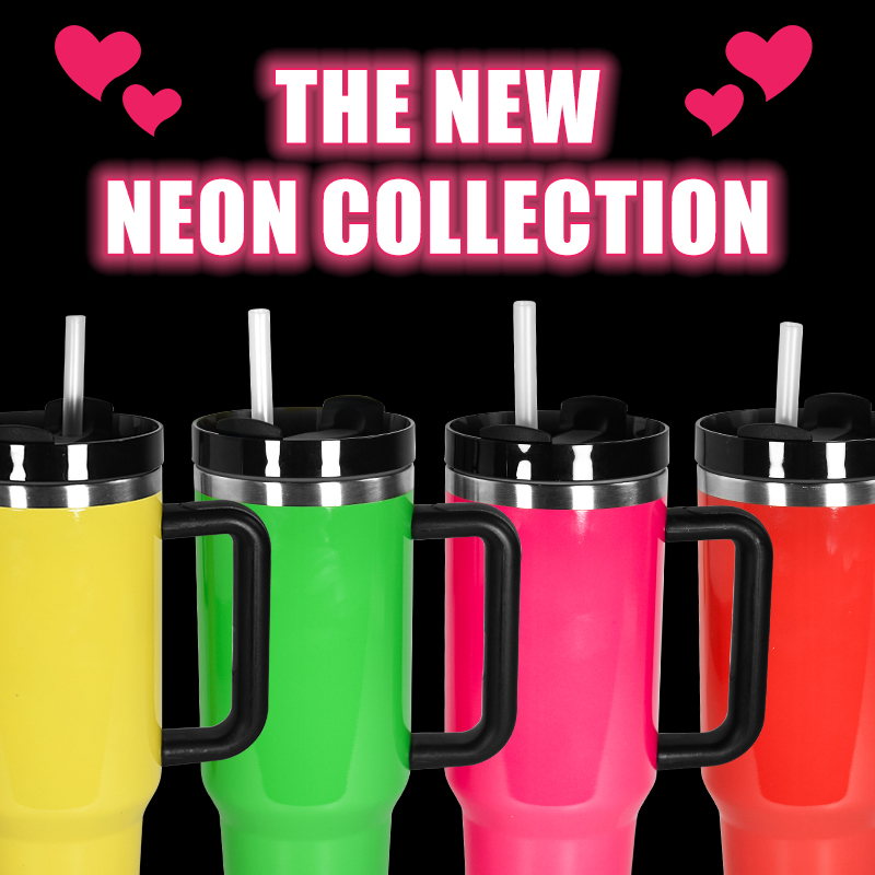 4 Colors the Neon H2.0 Sublimation Tumblers 2024 Neon Collection Green Pink Tumblers With Handle and Straw