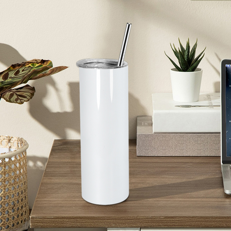 RTS 10pcs 20oz Tumbler Glossy Sublimation White Blank Skinny Straight Tumbler with Plastic Lid Straw Metal Straw Colored Lid