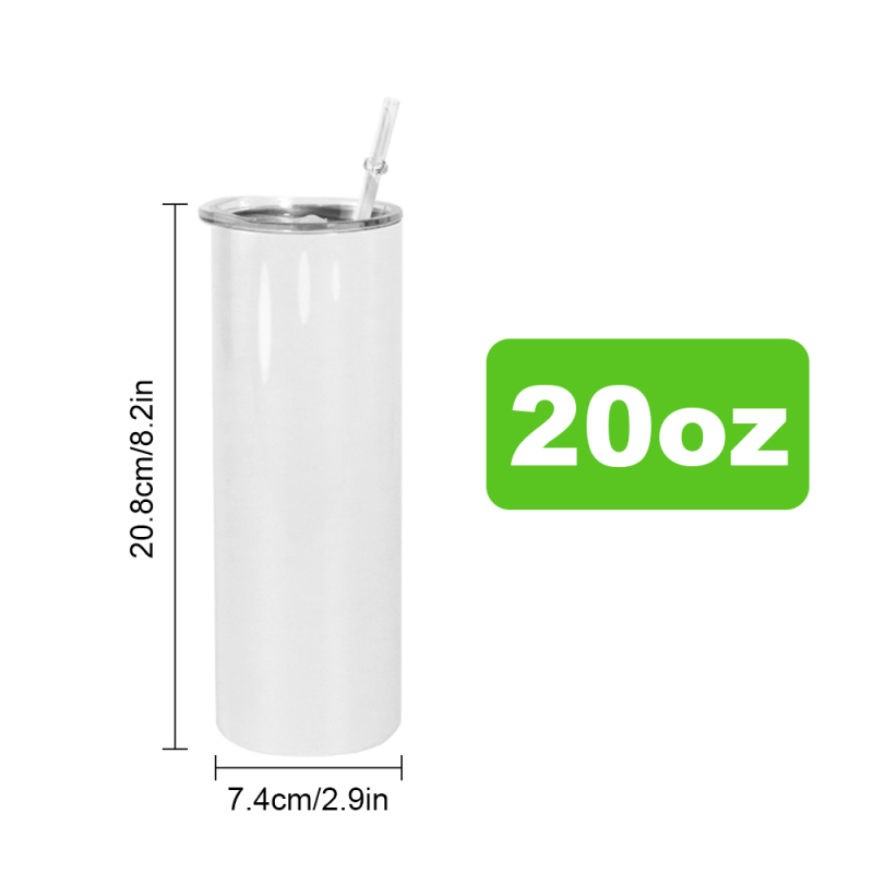 RTS 10pcs 20oz Tumbler Glossy Sublimation White Blank Skinny Straight Tumbler with Plastic Lid Straw Metal Straw Colored Lid