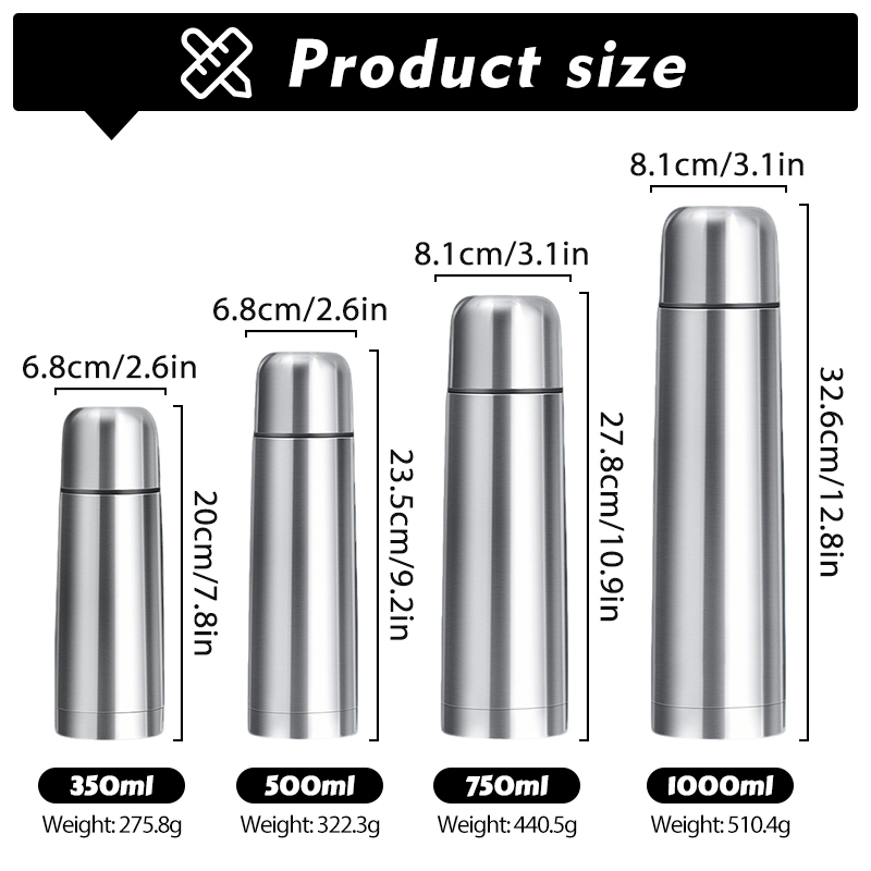 Bullet 350ML/500ML750ML/1000ML Classical Double Wall Stainless Steel Thermoses Vacuum Flasks Bullet Shape Water Bottle