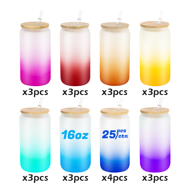 RTS US Warehouse in Stock Mix 8 Colors Gradient Glass Can 16oz Sub Ombre Glass Tumbler with Wood Lid 25pcs/ctn