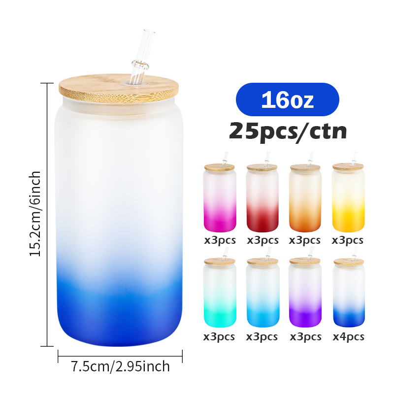 RTS US Warehouse in Stock Mix 8 Colors Gradient Glass Can 16oz Sub Ombre Glass Tumbler with Wood Lid 25pcs/ctn