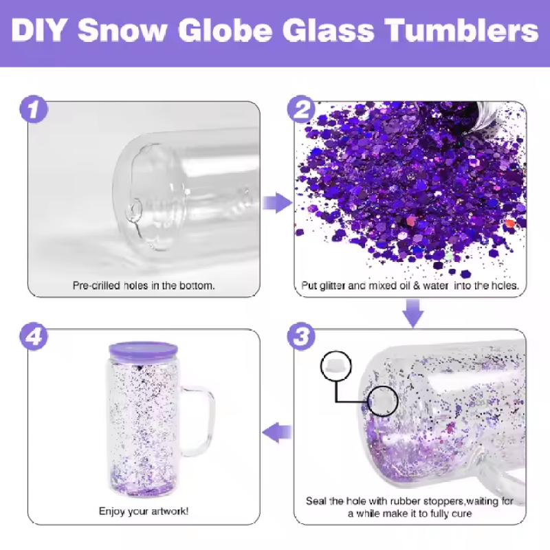 US Stocked 16oz Double Wall Glass Tumbler Handled Snow Globe Glass 12oz Drinkware with Pre-Drilled Hole Colorful Lid 25pcs/ctn