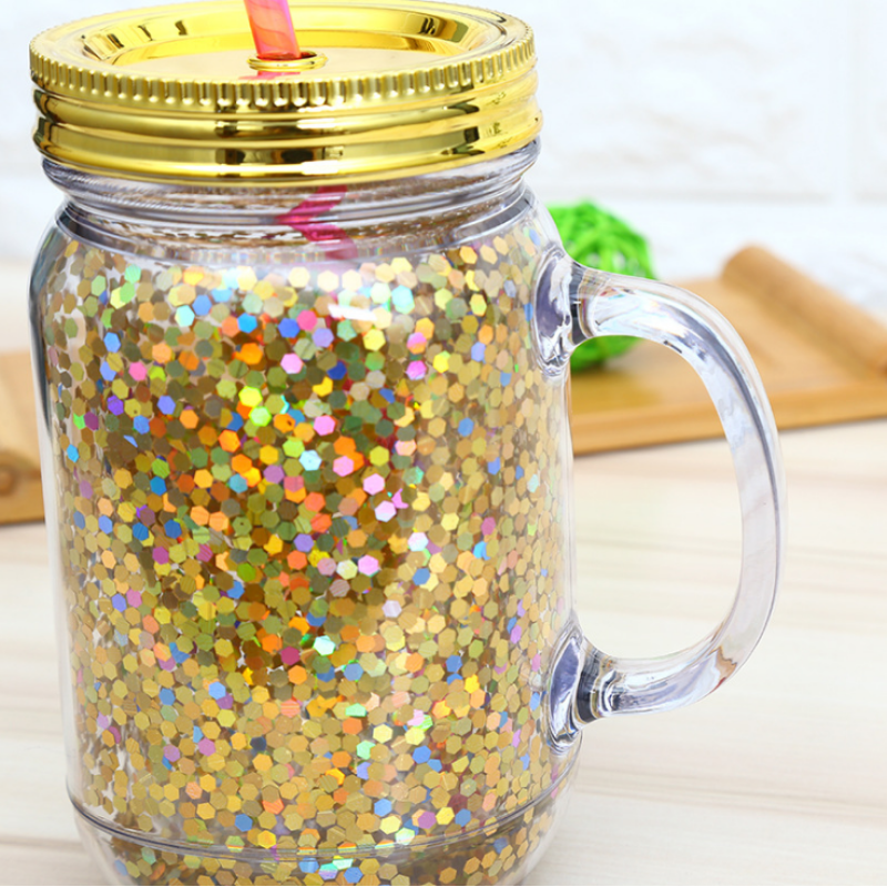 RTS Stock Snow Globe Tumbler Glitter BPA Free Plastic Handle 22oz Mason Jar with Straw and Lid Custom Plastic Cups