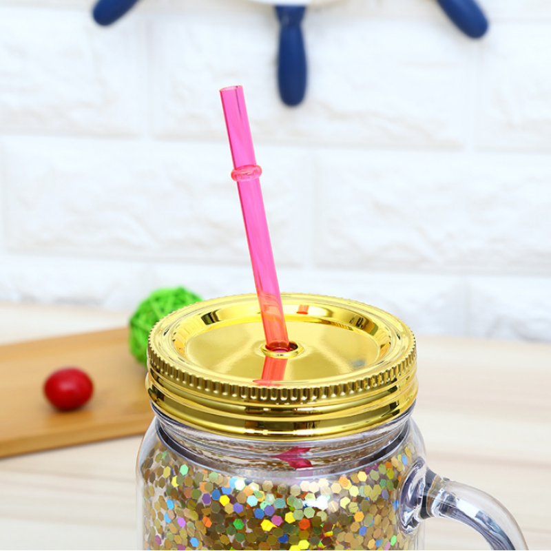 RTS Stock Snow Globe Tumbler Glitter BPA Free Plastic Handle 22oz Mason Jar with Straw and Lid Custom Plastic Cups