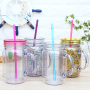 RTS Stock Snow Globe Tumbler Glitter BPA Free Plastic Handle 22oz Mason Jar with Straw and Lid Custom Plastic Cups